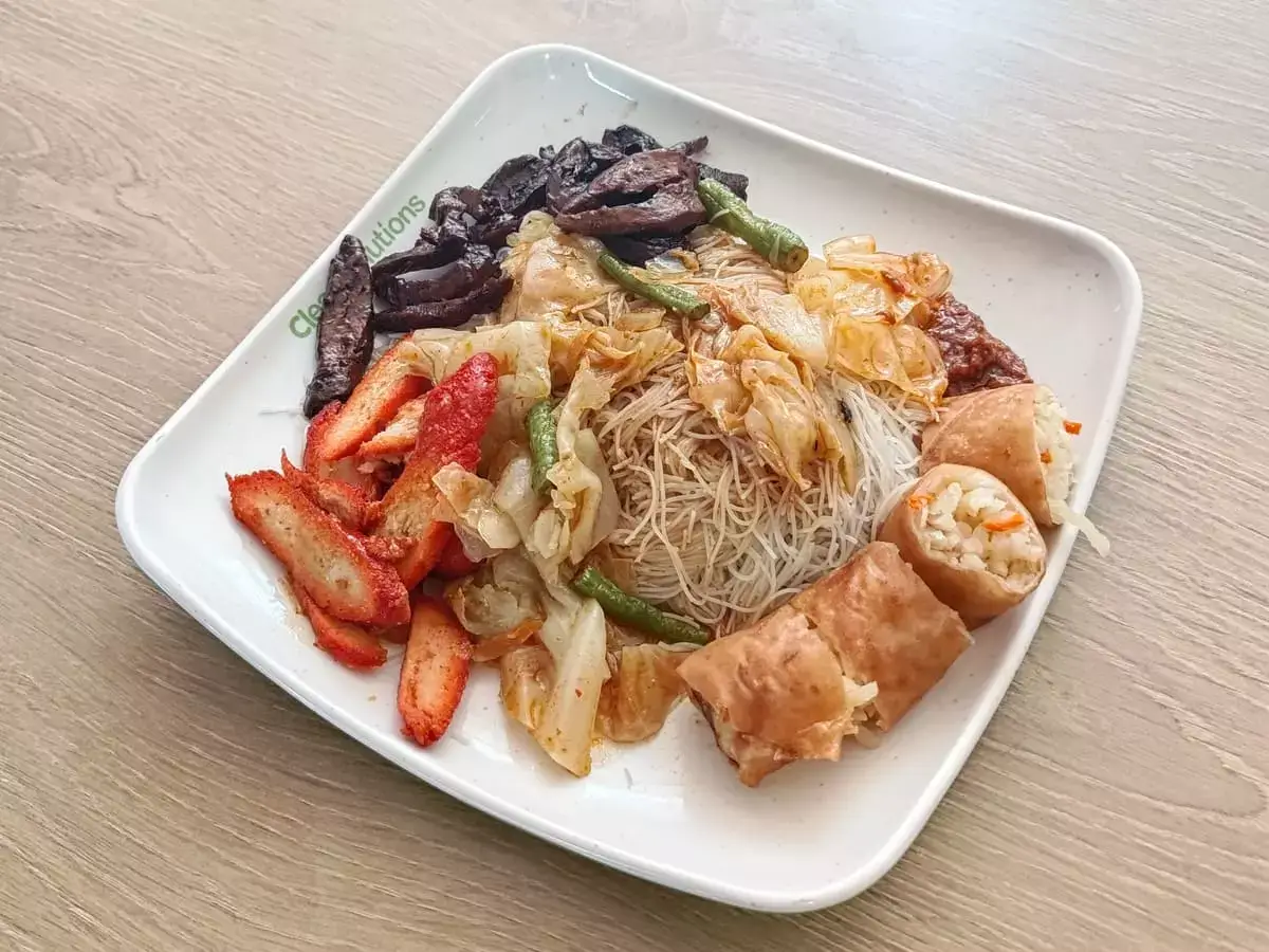 21 Healthy Vegetarian: Fried Mee Hoon with Vegetarian Intestine, Char Siew, Cabbage & Spring Roll