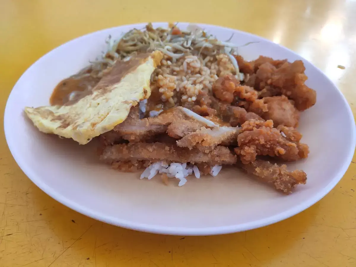 22 Curry Rice: Pork Chop, Fried Chicken, Chye Poh Omelette, Bean Sprouts with Curry Rice