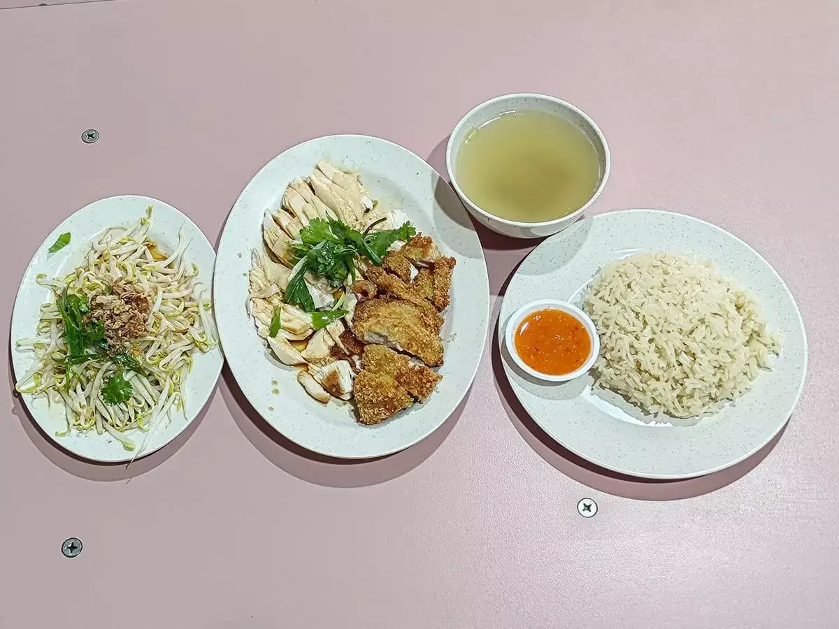 29 Singapore Chicken Rice: Hainanese Chicken, Roast Chicken & Chicken Cutlet with Rice, Bean Sprouts & Soup