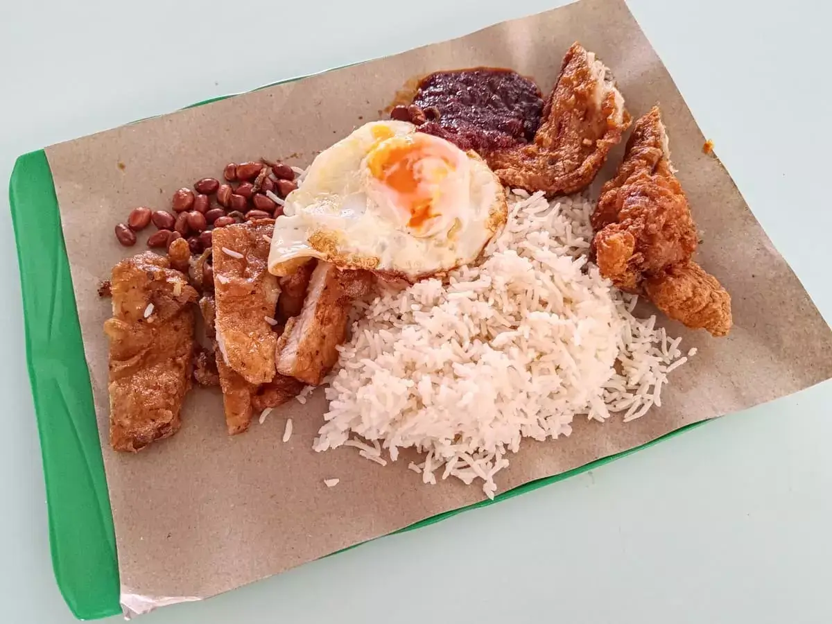 Ah Boy Nasi Lemak: Nasi Lemak with Pork Chop, Fried Chicken Wing, Fried Egg, Ikan Bilis Peanuts