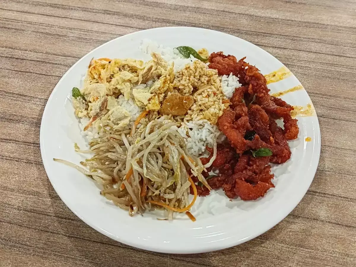 Chi Huo Yi Zu Cuisine: Fried Pork Belly, Fried Scrambled Egg, Bean Sprouts with Rice & Curry