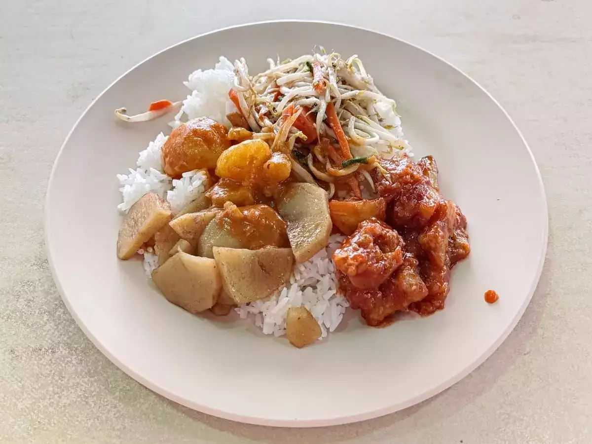 Hock Heng Cooked Food: Sweet Sour Pork, Potato, Bean Sprouts with Rice