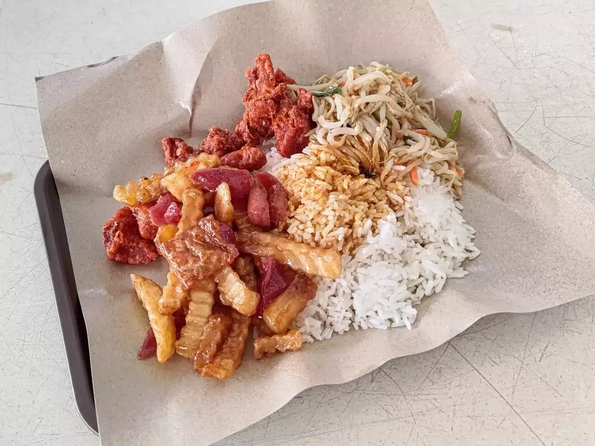 Hong Heng Mixed Veg Rice: Fried Pork, Fries, Bean Sprouts with Rice & Curry