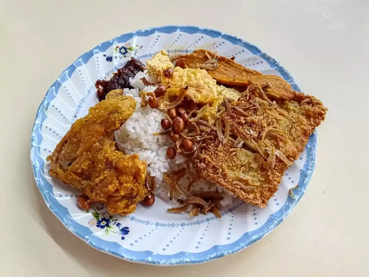 Johan Muslim Food: Nasi Lemak with Chicken Wing, Otah, Fish Fillet, Omelette, Ikan Bilis & Peanuts