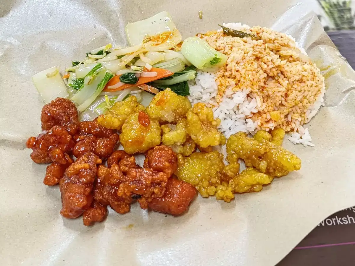 Pacific Veg Rice Porridge: Sweet Sour Pork, Lemon Fried Fish, Mixed Veg with Rice & Curry