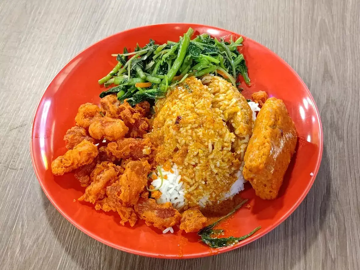 Petaling Jaya Guan Li Mixed Rice: Nam Yu Fried Pork, Vegetables, Otah with Rice & Curry Sauce
