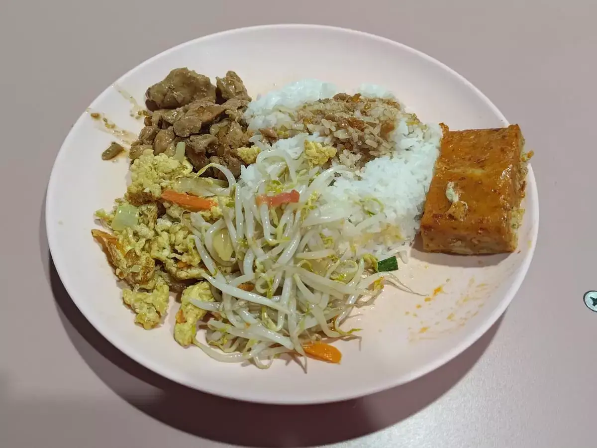 Sheng Cheng Economic Rice & Teochew Porridge: Braised Sauce Chicken, Scrambled Fried Onion Egg, Bean Sprouts & Otah with Rice