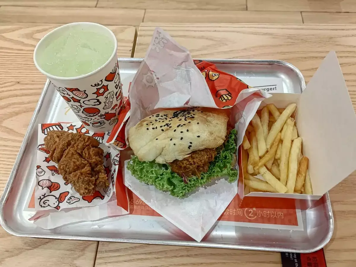 Shiok Burger: Mala Chicken Burger, Fried Chicken Drumstick, Fries & Cucumber Mint Soda