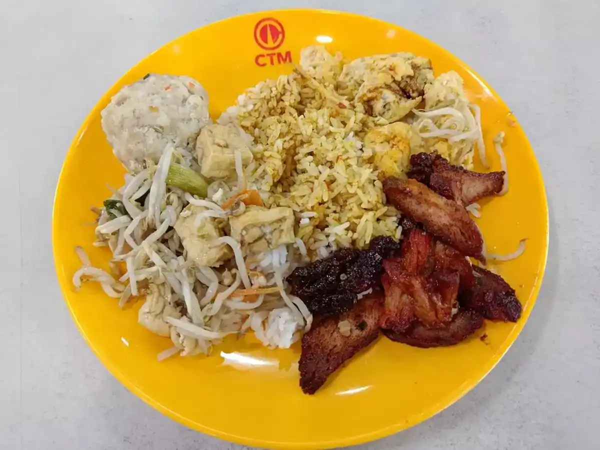 Teck Kui Mixed Veg Rice: Char Siew, Minced Meatball, Chye Poh Egg, Bean Sprouts with Tofu, Rice & Curry