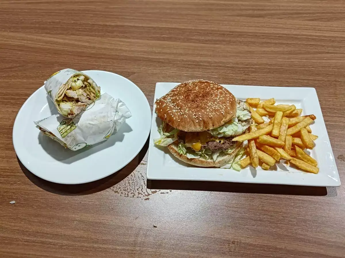 Two Guys: Chicken Kebab Wrap & Cheeseburger with Egg