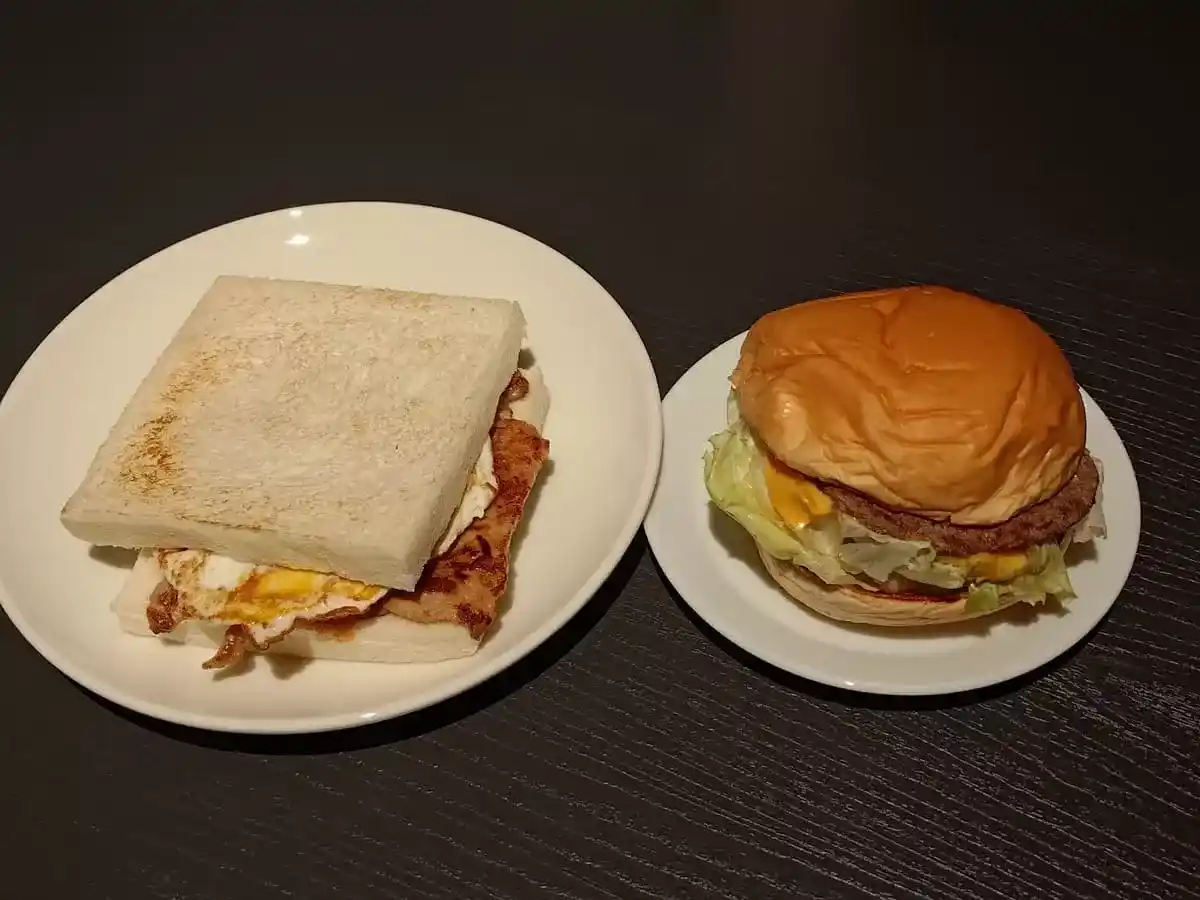 Jhao Chai: Pork Egg Toast & Beef Burger with Cheese, Peanut Butter